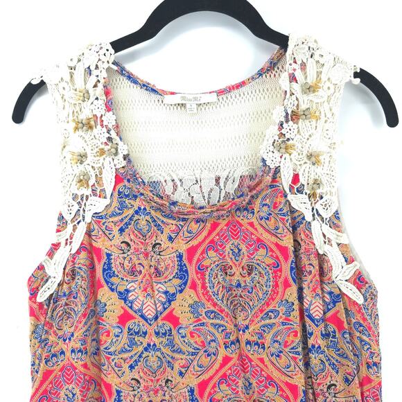 Miss Me Y2K Whimsi Boho Bright Geometric Romantic Crochet Bead Lace Lined Tank S - Picture 2 of 16